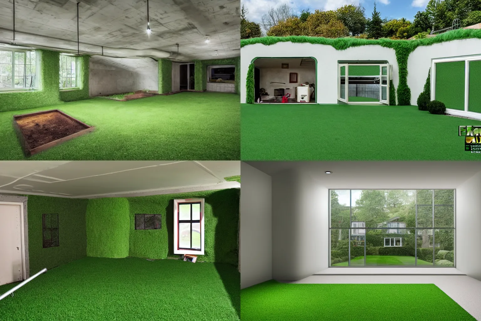 Prompt: photo of a suburban house inside an underground bunker, fake grass, fake sky, fake windows