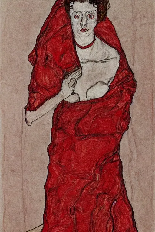 Image similar to drawing portrait of woman half covered by red fabric by Egon Schiele