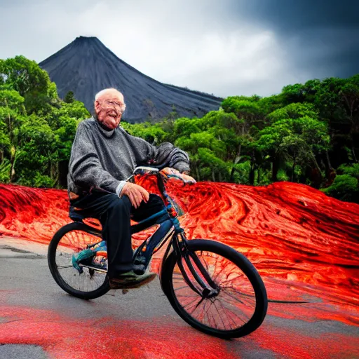 Image similar to elderly man riding a bike in a lava flow, wheelie, stunt, trick, volcano, eruption, magma, lava, canon eos r 3, f / 1. 4, iso 2 0 0, 1 / 1 6 0 s, 8 k, raw, unedited, symmetrical balance, wide angle