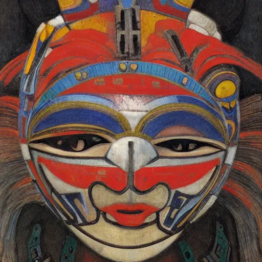 Image similar to head of a beautiful machine shaman wearing a mask made of enamelled flowers, by annie swynnerton and jean delville and john watkiss and rufino tamayo and diego rivera, art deco shaman, stylized geometric flowers, art brut, symbolist, dramatic lighting, god rays, clean crisp graphics, smooth sharp focus, extremely detailed, adolf wolfli