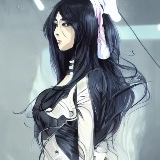 Image similar to portrait of a beautiful girl with long black hair, wearing police riot uniform, drawn by WLOP, by Avetetsuya Studios, attractive character, colored sketch anime manga panel, trending on Artstation