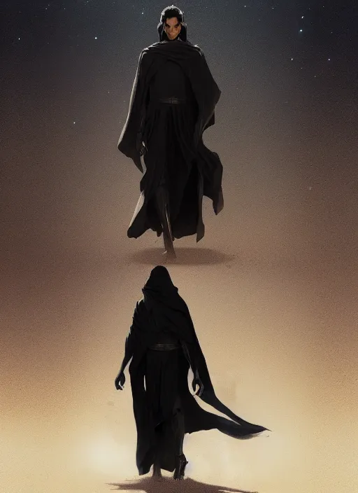 Prompt: a dark matter god walking in a desert wearing a black robe by greg rutkowski and artgem, detailed, digital art, trending on artstation, hyper - realistic