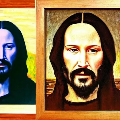 Image similar to painting of keanu reeves with beard in the style of mona lisa, painting by leonardo da vinci, oil on poplar panel, framed louvre painting