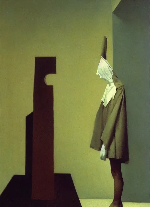 Image similar to woman with a paper bag over the head and a sward Edward Hopper and James Gilleard, Zdzislaw Beksinski, Steven Outram highly detailed