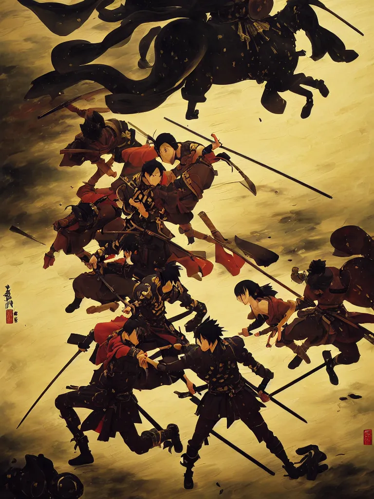 Image similar to baroque oil painting of key visual samurai battle, japanese armor, brutalist fantasy, realism, rule of thirds golden ratio, fake detail, trending pixiv fanbox, acrylic palette knife, style of makoto shinkai ghibli takashi takeuchi yoshiyuki sadamoto jamie wyeth james gilleard greg rutkowski chiho aoshima