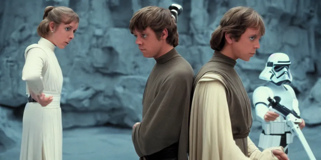 Image similar to screenshot of Luke Skywalker teaching Princess Leia the force, the two people are in a lost jedi Temple, 1970s sci fi film by Stanely Kubrick film, color kodak, Ektachrome, anamorphic lenses, detailed faces, hyper-realistic, photoreal, detailed portrait, moody cinematography, strange lighting