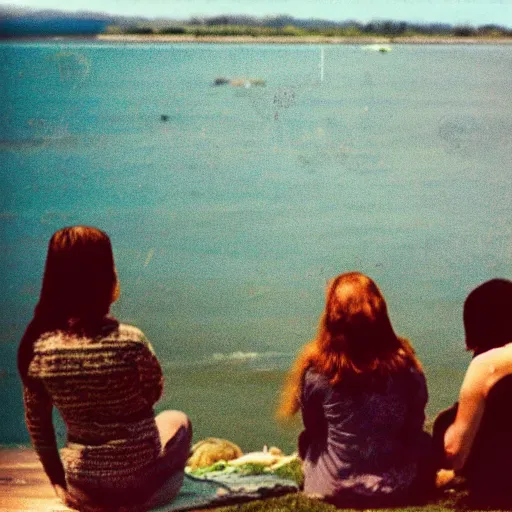 Prompt: color photograph from the sixties of people sitting by a lake in summer looking at a mushroom cloud on the horizon, faded colors, light leaks