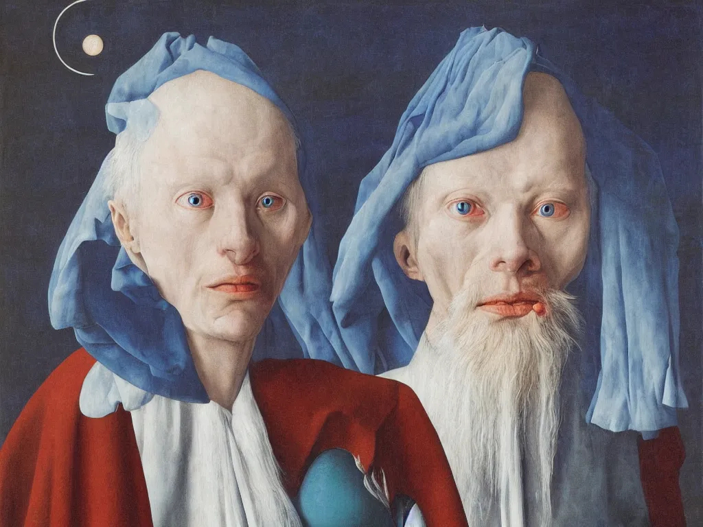 Prompt: Portrait of albino mystic with blue eyes, with cosmic wound. Painting by Jan van Eyck, Audubon, Rene Magritte, Agnes Pelton, Max Ernst, Walton Ford