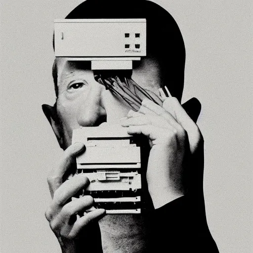 Image similar to a minimalist portrait of Marcel Duchamp holding computer cables in the style of Annie Leibovitz, Irving Penn, Hito Steyerl, Akira Kurosawa, Shinya Tsukamoto, wide angle, monochrome, futuristic tetsuo