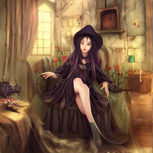 Image similar to a beautiful witch chilling in her house drawn by Qinni and Yuumei, realistic painting, high definition, digital art, matte painting, very detailed, realistic