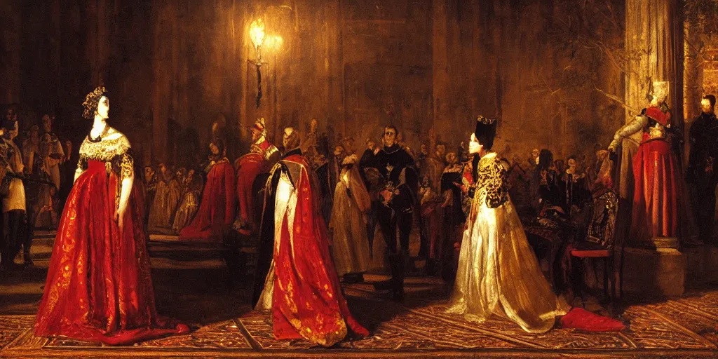 Image similar to Empress Sisi talking to peasants at night, epic lighting