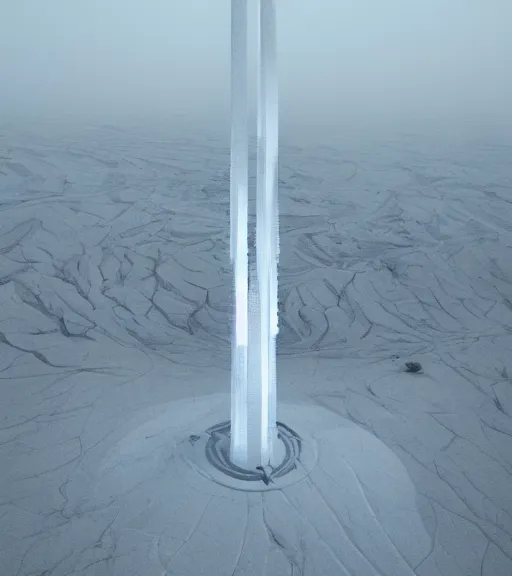 Image similar to surreal tower made of white crystalized aerial iridecent veins, inverted white roots in the floor, in the desert, foggy sky, dark night, octane render, unreal engine, pale colors, high detail, 8 k, wide angle, trending on artstation, behance