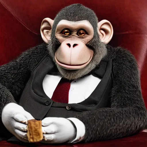 Image similar to a high detail closeup shot of a depressed monkey wearing a suit and smoking a cigar