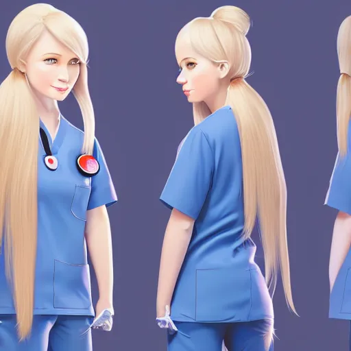 Prompt: full body profile of cute female nurse, blond hair. ponytail, white coat, in an elevator, elizabeth messina, tight focus, artstation, 4 5 mm