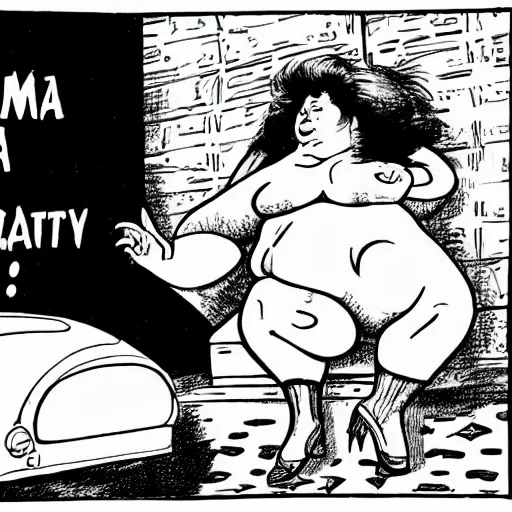 Image similar to your mama is so fat she has her own gravity, comic strip style, pen and ink