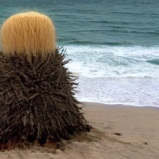 Image similar to cnn news footage of giant donald stump, blond hair being washed up on shore, view from above, tv