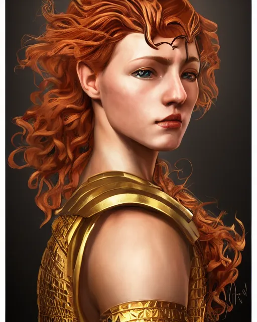 Image similar to Hyper realistic portrait of a strong female fighter with beautiful curly shiny copper hair and broad shoulders, she is from Troy and wears a golden armor, high contrast, artwork in the style of Alphones Mucha and Takumi Nagayasu, trending on artstation