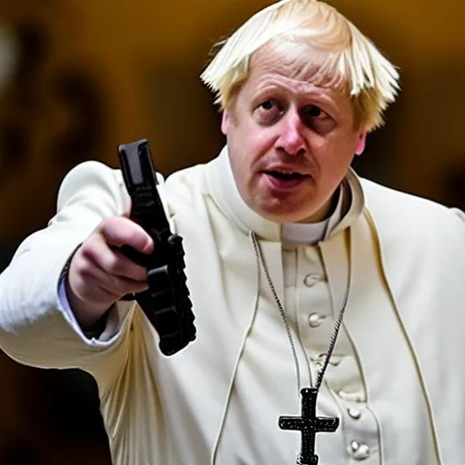 Prompt: Boris Johnson as the pope holding a Glock