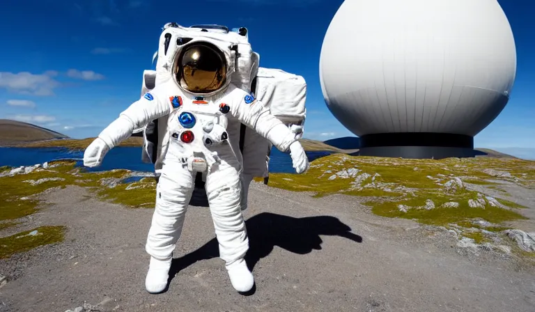 Image similar to tourist astronaut in sci-fi suit, standing in the Isle of Harris, Scotland, a futuristic space caravan in the background, wide angle lens, photorealistic