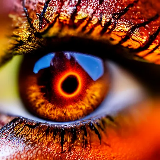 Image similar to fiery eyes in a photorealistic macro photograph, shallow DOF, wild