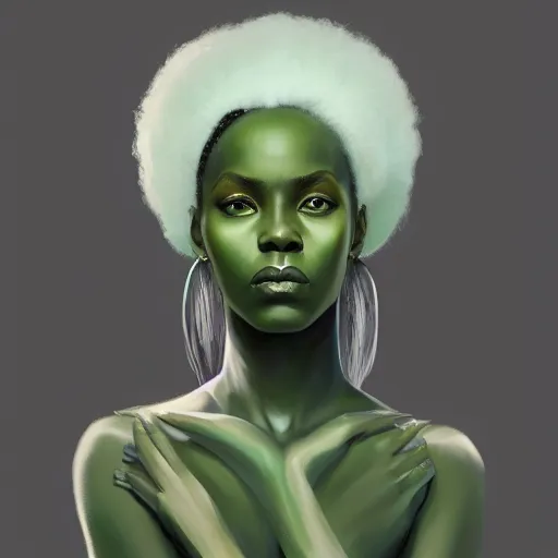Prompt: a detailed matte oil on canvas head on symmetrical portrait of black skinned woman with long white and ( ( ( pale green ) ) ) hair, clothed by charlie bowater, lise deharme, wlop, trending on artstationhd, dungeons and dragons art critical role