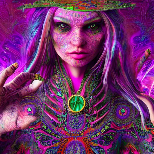 Image similar to psychadelic witch, hyper detailed, flowing psychadelic background intricate and detailed, ornate 8 k gorgeous intricate detailed, octane render