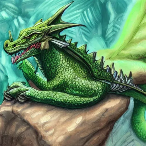 Image similar to an illustration of a western style green dragon sleeping on a rock, beautiful vivid emotional painting