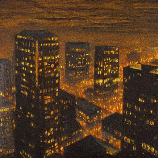 Image similar to muted color photorealistc painting of a nightmarish boston downtown in 1 9 2 5 skyline at night, aerial view, dark, brooding, night, atmospheric, horror, cosmic, ultra - realistic, smooth, highly detailed