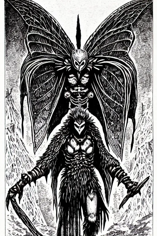 Prompt: mothman as a d & d monster, full body, pen - and - ink illustration, etching, by russ nicholson, david a trampier, larry elmore, 1 9 8 1, hq scan, intricate details, inside stylized border