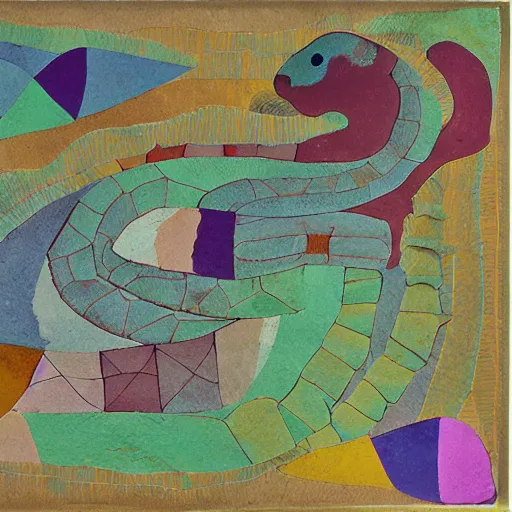 Image similar to A beautiful installation art of a snake eating its own tail that seems to go on forever. layered paper, olivine by Paul Klee vivid, beautiful