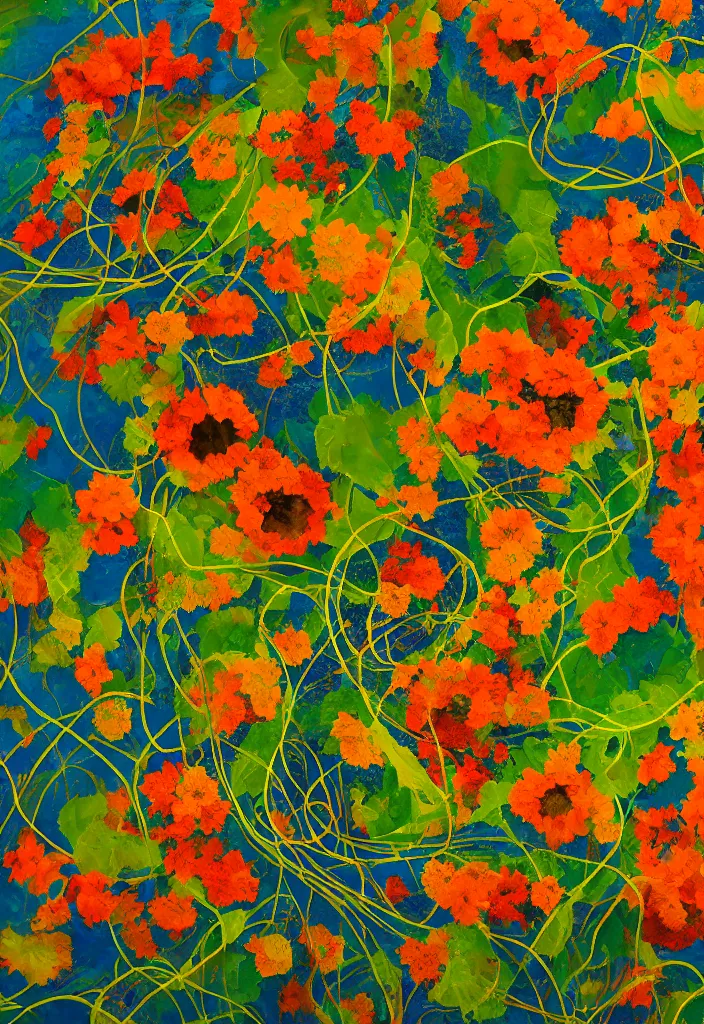 Prompt: award winning abstract expressionism artwork about entangled sunflowers and falling nasturtiums with vines, high definition, fine details, closeup, volumetric lighting