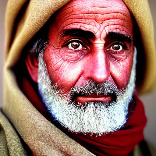 Image similar to portrait of john adams as afghan man, green eyes and red scarf looking intently, photograph by steve mccurry