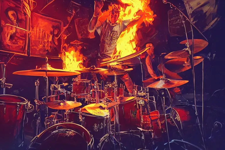 Image similar to drummer at a club playing punk rock drums on fire highly detailed, concert lighting huge speakers, atmosphere by peter mohrbacher and igor morski, very detailed, 2 4 mm lens, deep depth of field, artstation, 8 k