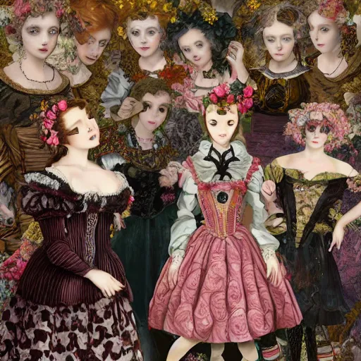 Prompt: 8k, realism, renaissance, baroque, group of creepy young ladies wearing renaissance long harajuku manga dress with flowers and skulls, background chaotic flowers