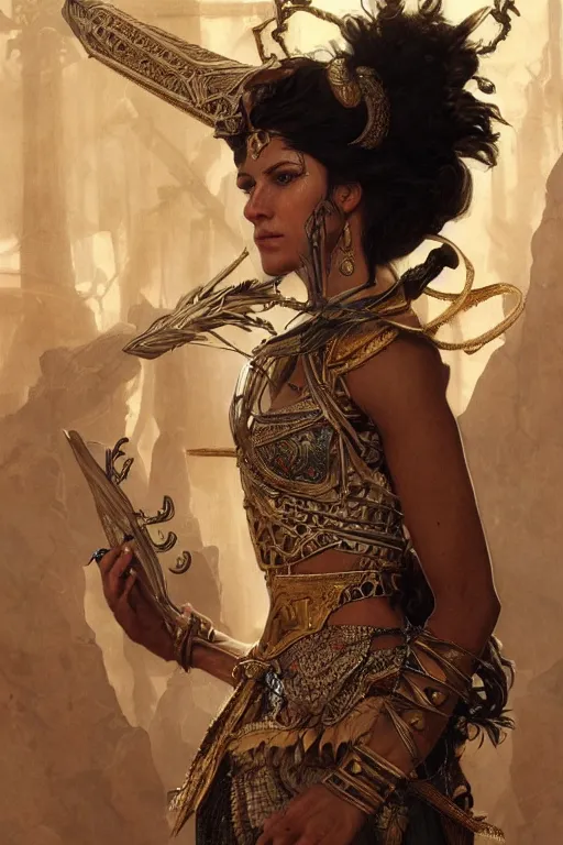 Image similar to a portrait of a anthropomorphic an ancient mesopotamia warrior goddess, D&D, fantasy, intricate, highly detailed, digital painting, artstation, concept art, smooth, sharp focus, illustration, art by caravaggio and artgerm and greg rutkowski and alphonse mucha