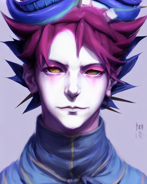 Image similar to extremely attractive soft feminine male as a jester anime character screenshot, nagito komaeda and hisoka jester, anime feminine male fool, intricate, sharp focus, illustration, highly detailed, digital painting, cell shaded, concept art, matte, art by ilya kuvshinov and kyoto animation and wlop, ruan jia, greg rutkowski, studio quality