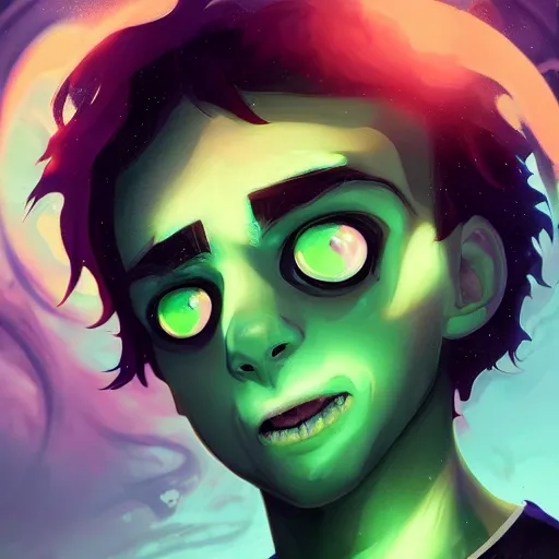 Image similar to a digital matte intricate face illustration concept art of young danny phantom with glowing green eyes cute fangs alt art fashion inspired art by charlie bowater and wlop and mark arian and ross tran + neon colors, symmetry, intricate complexity, epic composition, magical atmosphere, highly detailed, cinematic lighting + masterpiece, trending on artstation + 8 k