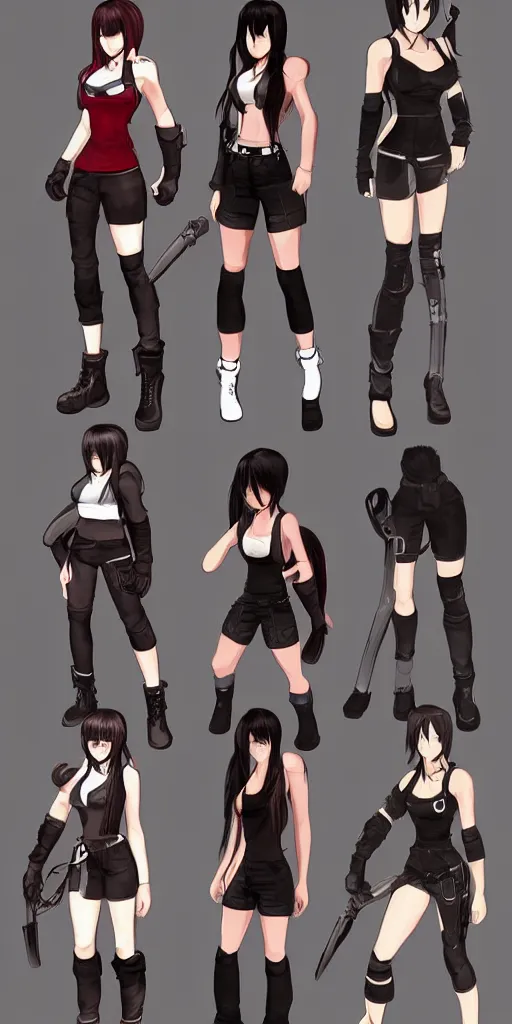 Image similar to stylised concept art of tifa lockhart in alternate outfits, trending on artstation