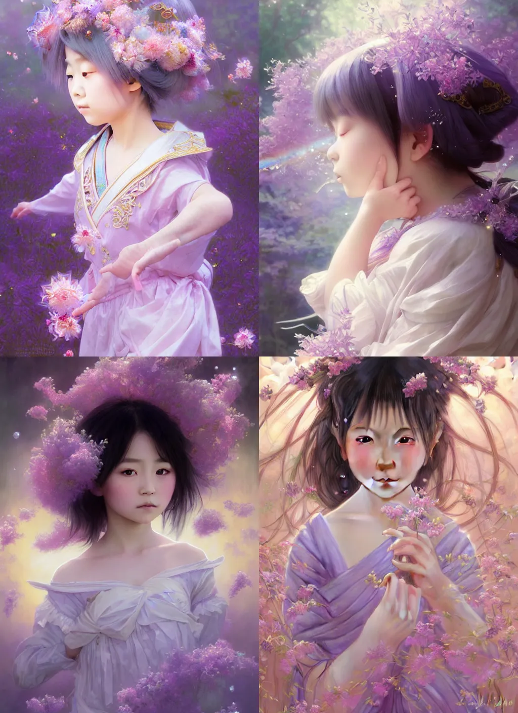 Prompt: portrait of magical japanese child, dreamy and ethereal, lavender and pink eyes, peaceful expression, ornate frilly dress, fantasy, intricate, elegant, rainbow bubbles, highly detailed, digital painting, artstation, concept art, smooth, sharp focus, illustration, art by artgerm and greg rutkowski and alphonse mucha