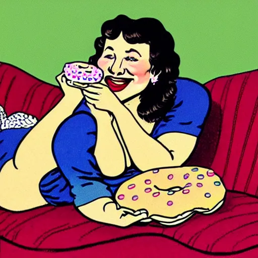 Image similar to a happy robust woman laying on a couch eating donuts, artist robert crumb