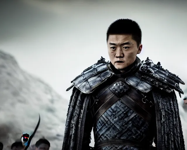 Image similar to justin sun as night king in game of thrones attacked by crimson - black bees, 4 k, epic, cinematic, focus, movie still, fantasy, extreme detail, atmospheric, dark colour, sharp focus