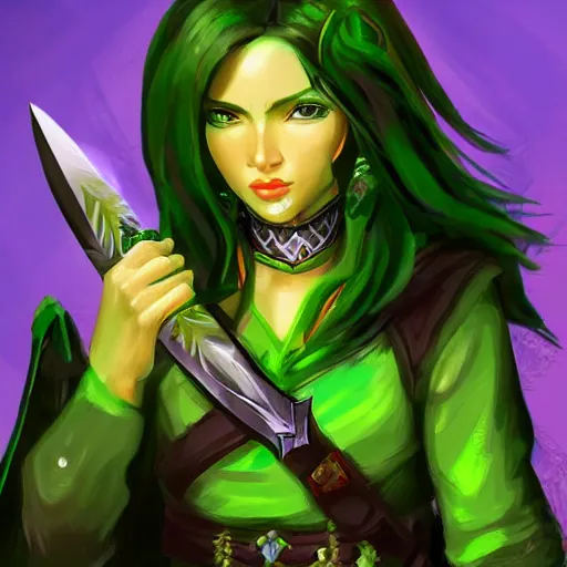 Prompt: portrait of a green jade gem female assassin, holding daggers on two hands, green gems, hearthstone coloring style, epic fantasy style art, fantasy epic digital art