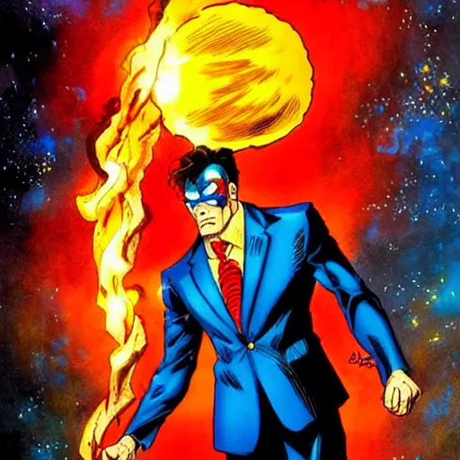 Image similar to a man in a blue suit standing in front of a fire ball, a comic book panel by jim lee, featured on deviantart, rayonism, dc comics, apocalypse art, parallax