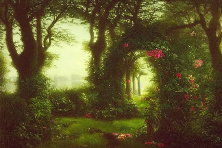 Prompt: secret garden, lush, floral, botanical, romanticism, dreamy, dark, moody, hudson river school