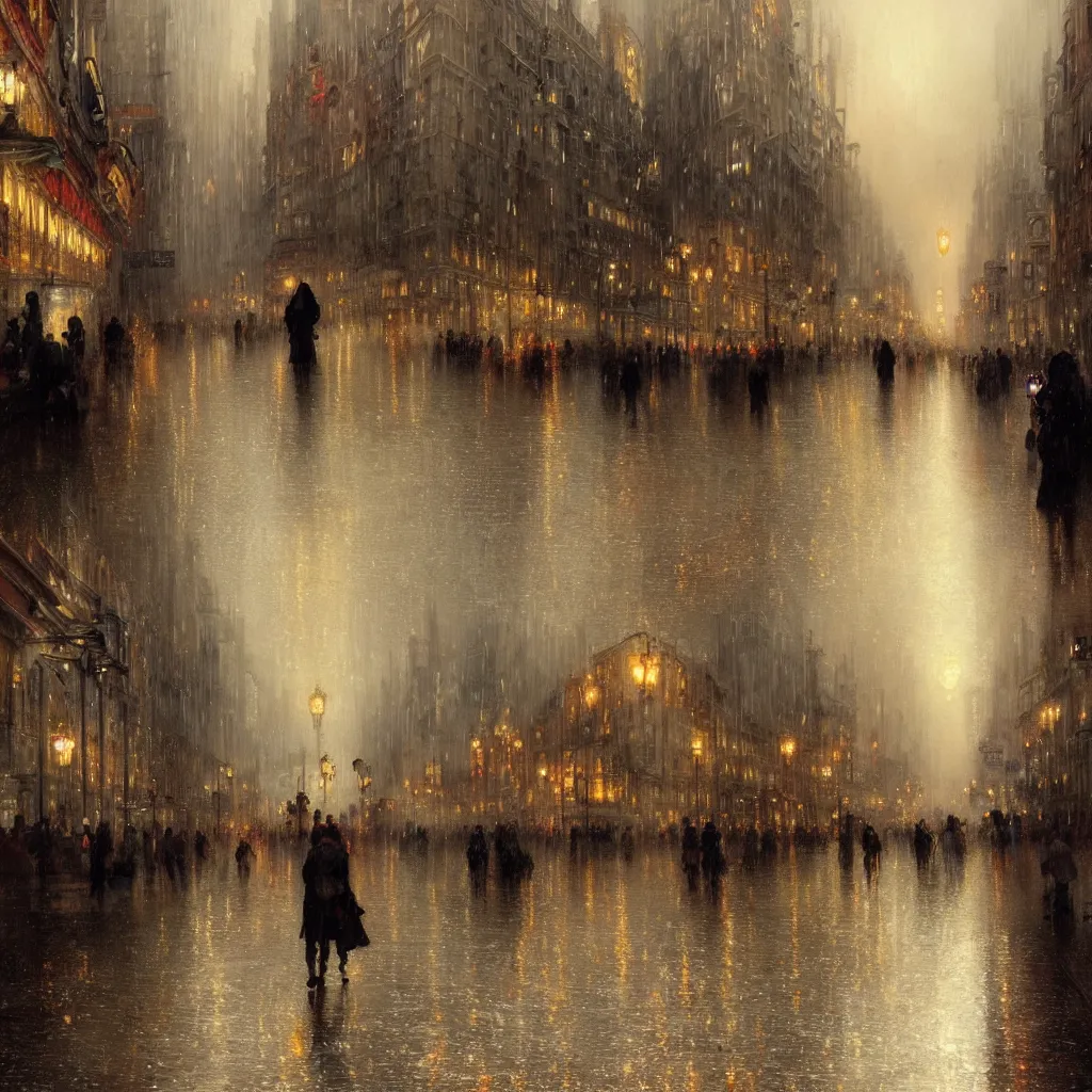 Image similar to a beautifull intricate city, wet sidewalk, people, reflections, raindrops, high details, art by william turner, by greg rutkowski and by alphonse mucha, trending on artstation, extremely detailed, masterpiece