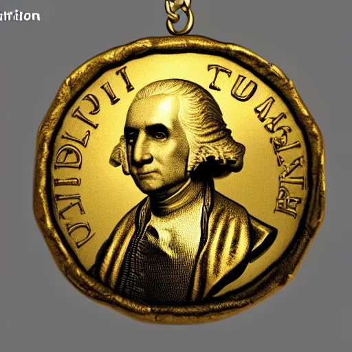 Image similar to a closeup photorealistic illustration of a happy George Washington holding wearing a chain around his neck with a small gold Doubloon coin as a necklace. This 4K HD image is Trending on Artstation, featured on Behance, well-rendered, extra crisp, features intricate detail and the style of Unreal Engine.