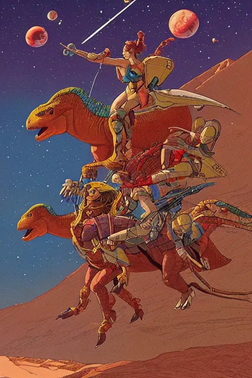 Image similar to beautiful amazons riding dinosaurs on mars against a backdrop of canyons, mercury rainbows in the sky and space fighters shooting, artwork by jean giraud