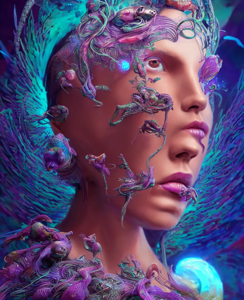 Image similar to goddess full color painted acryllic sculpture close-up portrait. orchid bird phoenix head, nautilus, skull, betta fish, bioluminiscent creatures, intricate artwork by Tooth Wu and wlop and beeple. octane render, trending on artstation, greg rutkowski very coherent symmetrical artwork. cinematic, hyper realism, high detail, octane render, 8k