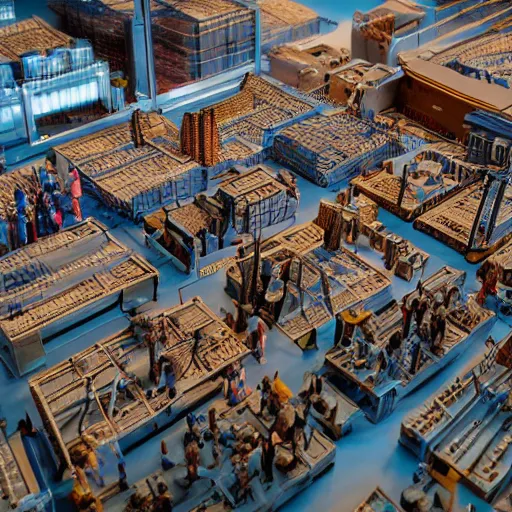 Prompt: crane shot of large group people in open warehouse, looking at hologram of futuristic city on a table, cinematic still, godrays, golden hour, natural sunlight, 4 k, clear details, tabletop model buildings, tabletop model, ethereal hologram center, crane shot, crane shot, rule of thirds, people, people