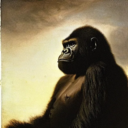 Prompt: smiling silverback gorilla in a land made of clouds by Rembrandt, golden hour